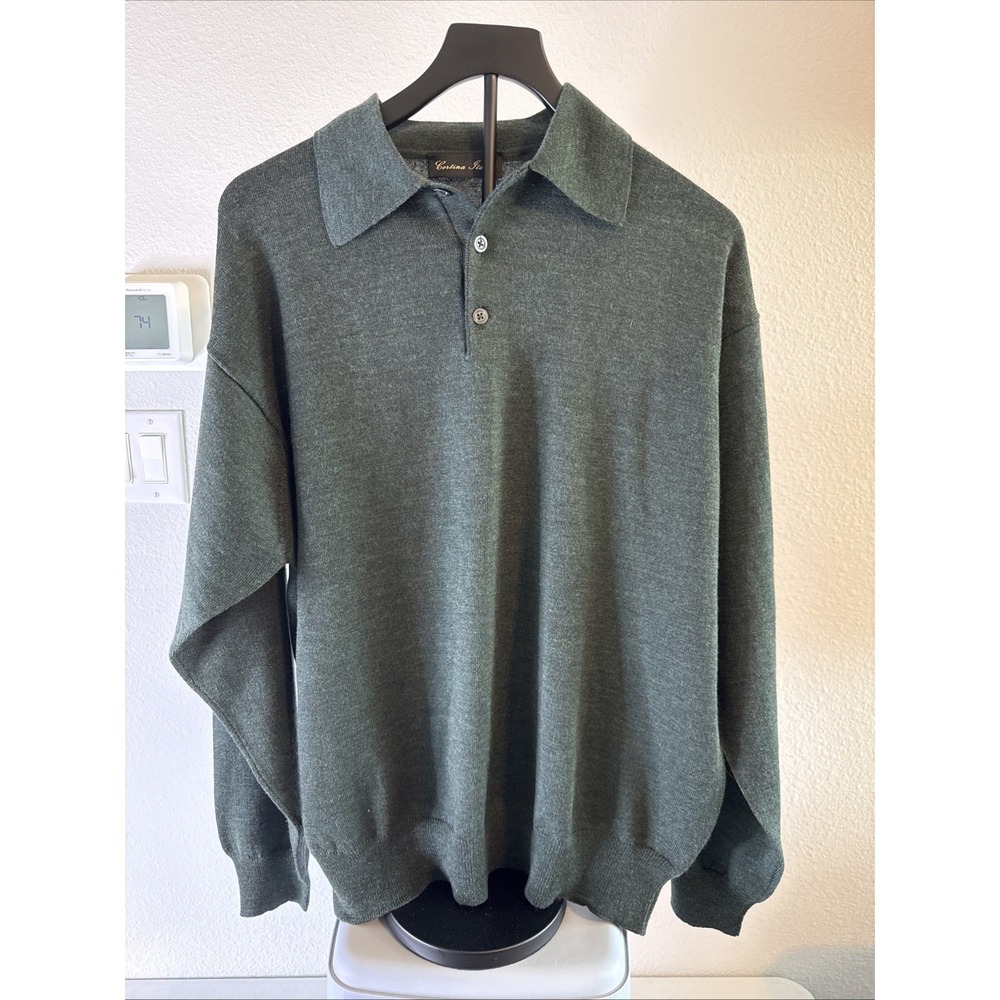 Cortina Italia Men's Henley Sweater 100%‎ Merino Wool Green Size XL